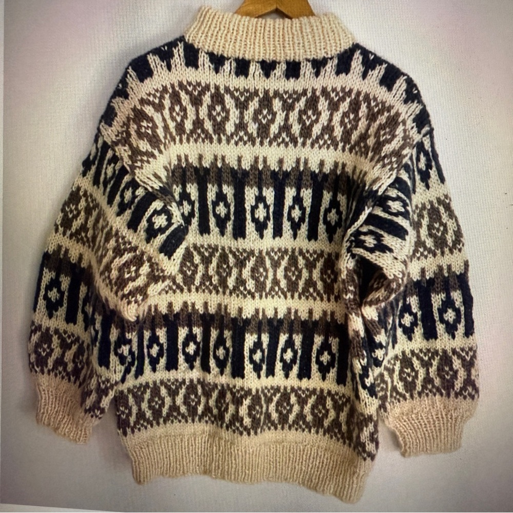 Wool Knit Men/Unisex Sweater Ski Hand Made Argyle Diamond Mock Neck Size Large